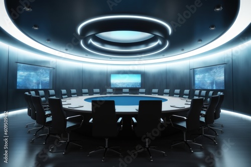 Meeting room with large table and chairs, modern conference room in business building, futuristic meeting room, Generative AI