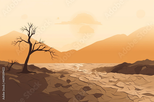 Drought  the problem of the future of the planet  water scarcity  heat  global warming. Effects of climate change such as desertification and droughts  arid  dehydrated  dead trees.