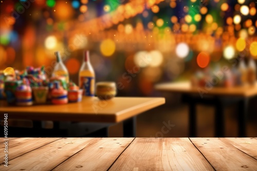 Wooden table and Festa Junina in the background  blurred festa junina background  Generative AI