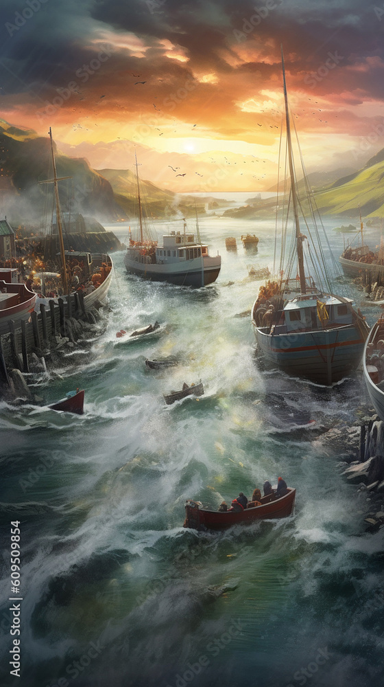 Illustration captures the essence of boats battling rough waters