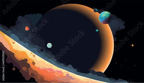 Astronaut explores space being desert planet. Astronaut space suit performing extra cosmic activity space against stars and planets background. Human space flight. Modern vector illustration