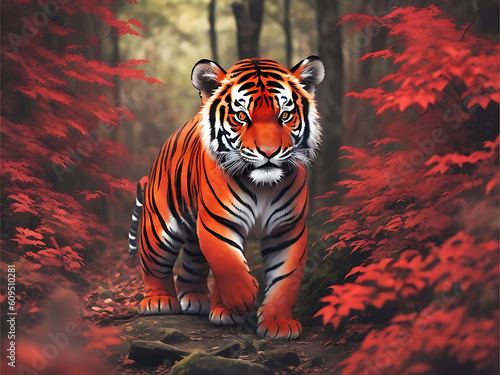 Red color cute small tiger with dark moody forest background photo