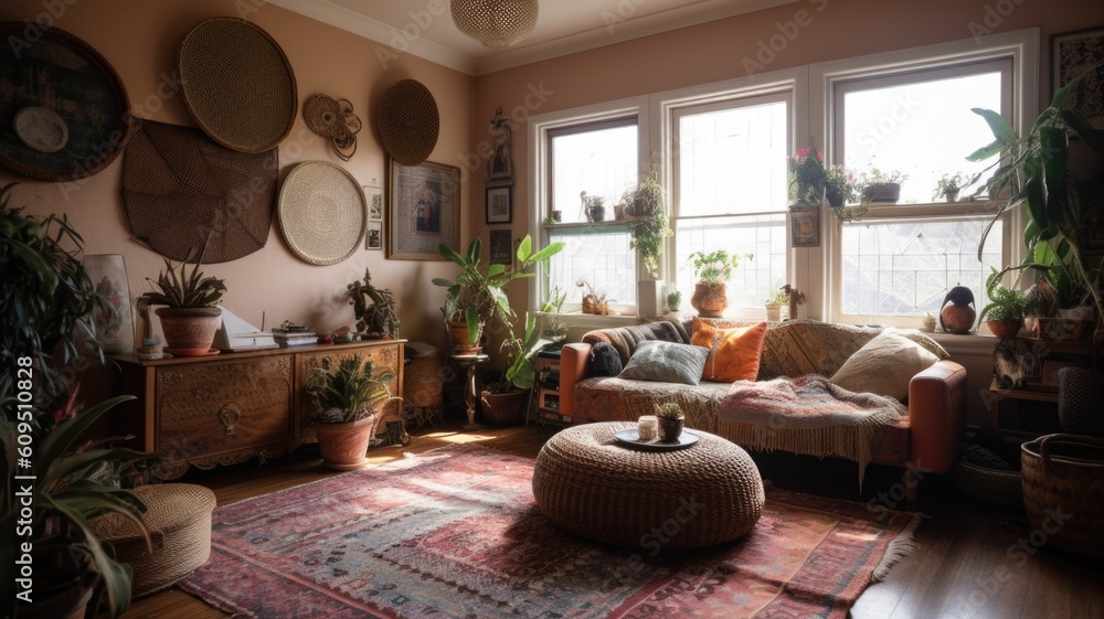 View of Interior design of Living Room in Bohemian style with Gallery wall ...
