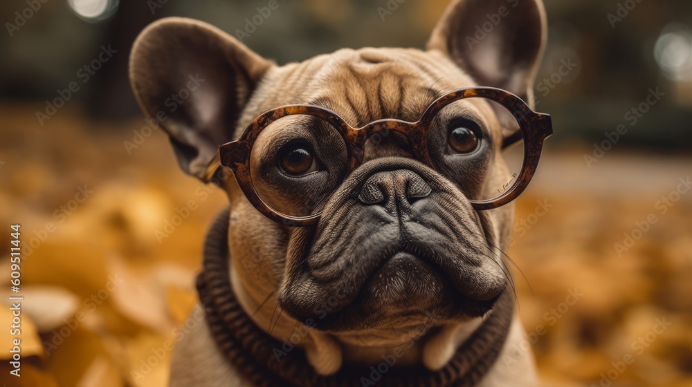 A dog with eyeglasses. Looks smart. Created with Generative AI technology.