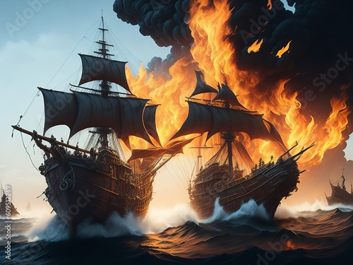 Pirate ship fighting scene, fire canons ahead. Generative AI
