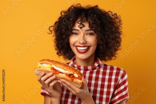 Beautiful young woman having a hotdog. Generative AI