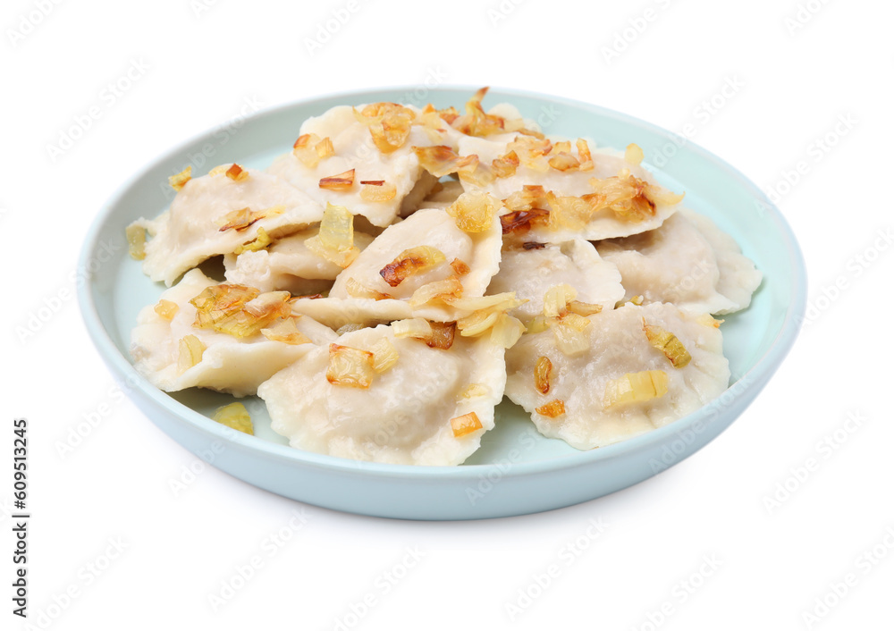 Cooked dumplings (varenyky) with tasty filling and fried onions on white background Cooked dumplings (varenyky) with tasty filling and fried onions on white background