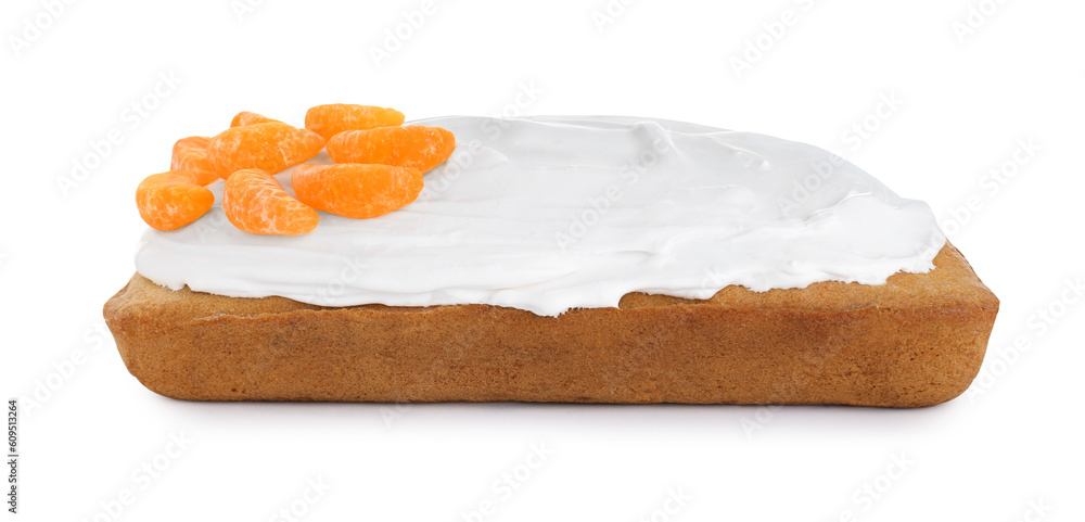 Delicious homemade yogurt cake with tangerines and cream on white background Delicious homemade yogurt cake with tangerines and cream on white background