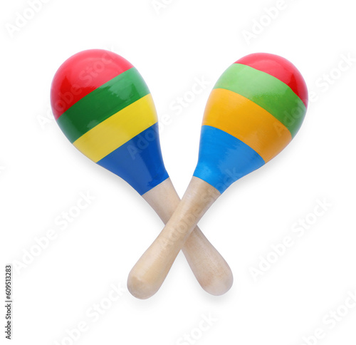 Colorful maracas on white background, top view. Musical instrument