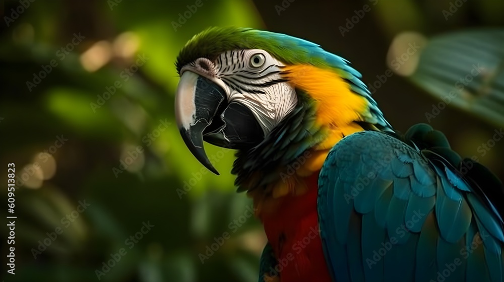Close up shot of beautiful blue yellow Macaw parrot bird head. Generative AI technology. Close up shot of beautiful blue yellow Macaw parrot bird head. Generative AI technology.