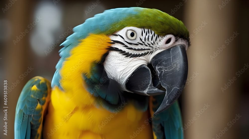 Close up portrait shot of beautiful blue yellow Macaw parrot bird head. Generative AI technology.