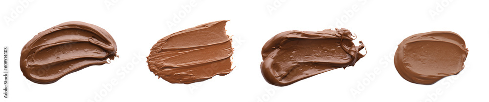 Yummy chocolate paste on white background, top view. Collage design Yummy chocolate paste on white background, top view. Collage design