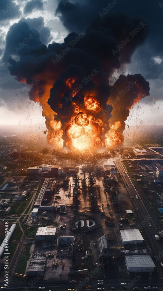 Dynamic Illustration  showcases drones unleashing devastating bombs on oil refineries. Witness the destructive power and industrial chaos in motion