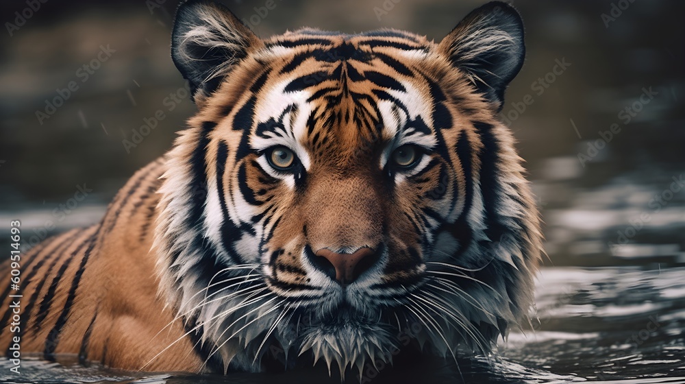Close up portrait ferocious carnivore tiger stare or looking at the camera and get out from the water. Generative AI technology. Close up portrait ferocious carnivore tiger stare or looking at the camera and get out from the water. Generative AI technology.