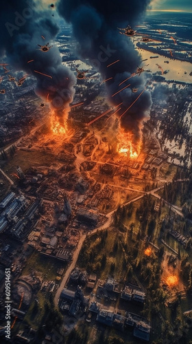 Dynamic Illustration  showcases drones unleashing devastating bombs on oil refineries. Witness the destructive power and industrial chaos in motion