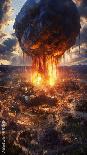 Dynamic Illustration  showcases drones unleashing devastating bombs on oil refineries. Witness the destructive power and industrial chaos in motion