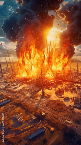 Dynamic Illustration  showcases drones unleashing devastating bombs on oil refineries. Witness the destructive power and industrial chaos in motion