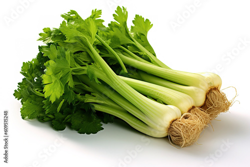 Product photo of fresh green celery on a white studio background generative ai 