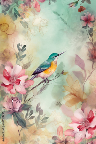 Vintage pastel flower illustration background. Generative Ai. © whannsweet