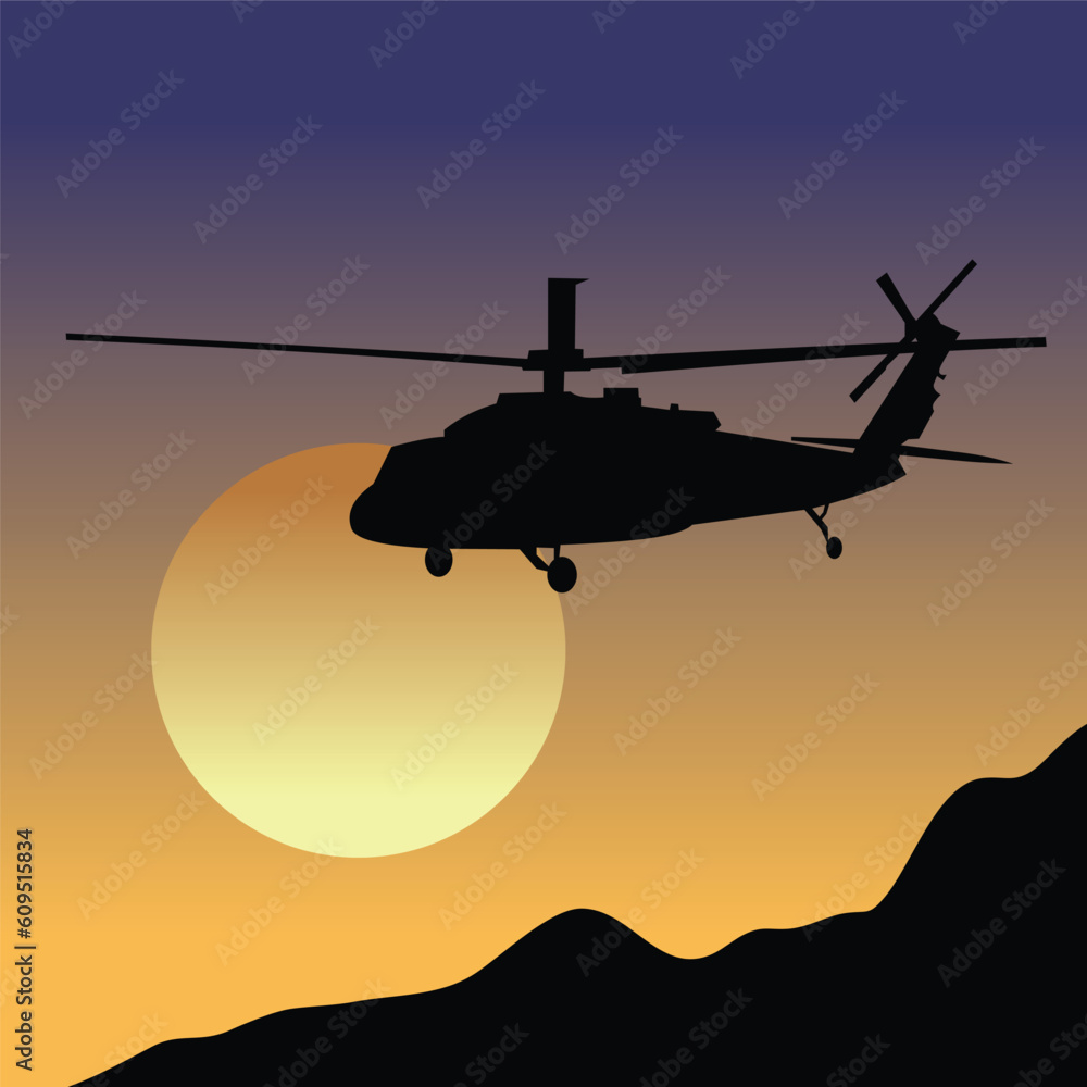 military helicopter with sunset background