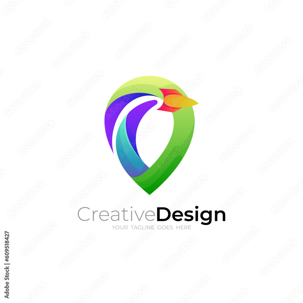 Obraz premium Airplane logo with location design template, 3d colorful