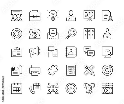 Office icons. Vector line icons set. Business, workplace, work concepts. Black outline stroke symbols