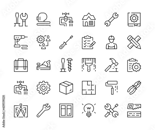 Home repair icons. Vector line icons set. Work tools, renovation, diy, property maintenance, building concepts. Black outline stroke symbols