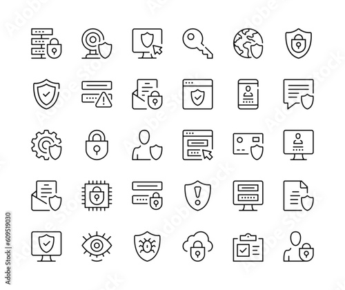 Data protection icons. Vector line icons set. Cybersecurity, privacy, secure access, internet security concepts. Black outline stroke symbols