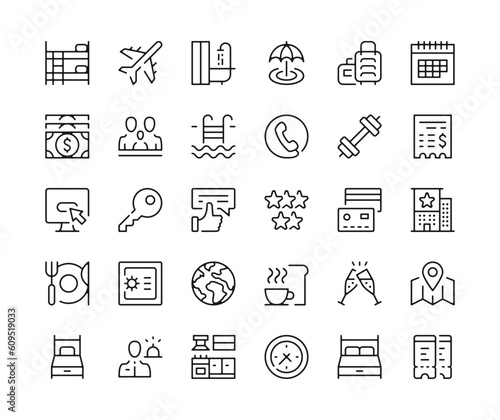 Hotel icons. Vector line icons set. Amenities and services, resorts, vacation, hospitality concepts. Black outline stroke symbols