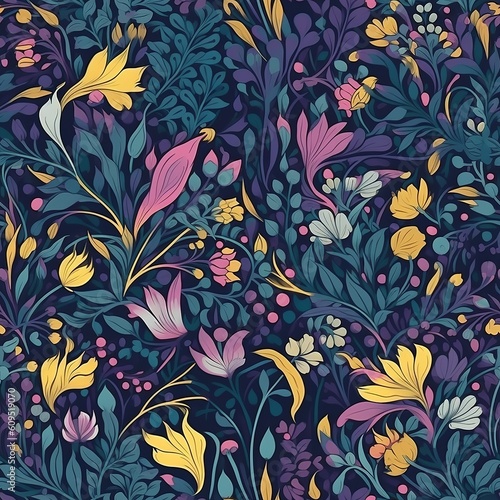Beautiful floral seamless pattern with leaves and flowers created with Generative AI technology
