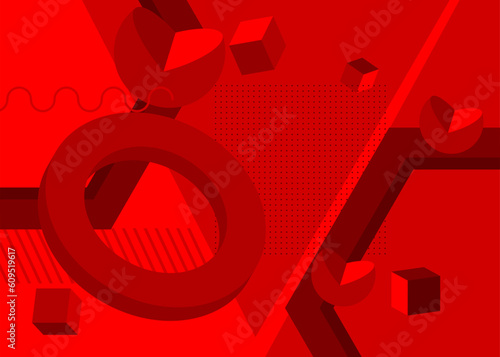 Abstract red graphic psychodelic background. Simple volumetric vector banner, poster. Vibrant busy geometrical shapes. Retro geometric cartoon art illustration.