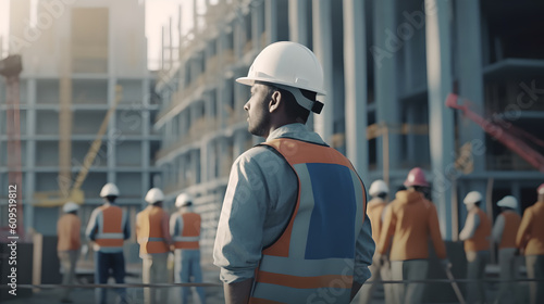 Professional engineer Work Wearing Safety Vest and Hard Hat Charmingly Smiling and Looks Into the Distance. Construction manager and engineer working on building site. Ai Generated