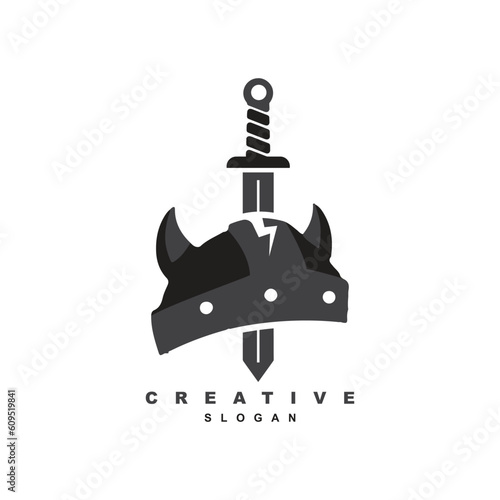 Broken Viking helmet with medieval sword logo design for your brand or business