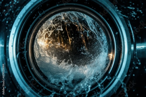 Washing machine drum with clean water flow and splashes. Laundry, washing powder concept. AI generated, human enhanced