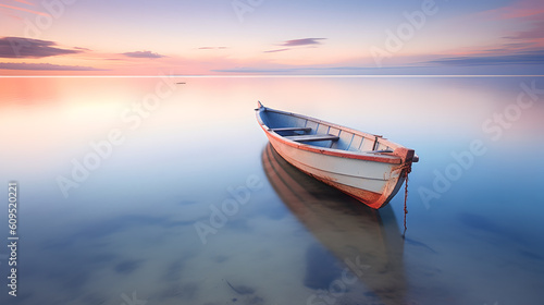 Canoe floating on the calm water under beautiful sky. Ai generated