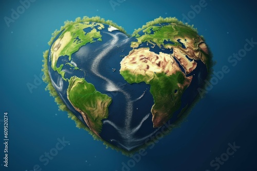 Green planet in the shape of a heart. Climate change concept. AI generated  human enhanced