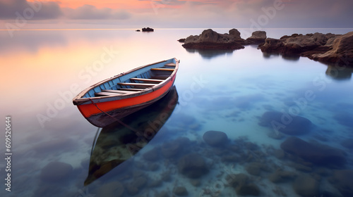 Canoe floating on the calm water under beautiful sky. Ai generated © AspctStyle