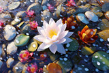 Overhead shot, transparent colorful pebbles, three white snow lotus flowers in full bloom. AI generative