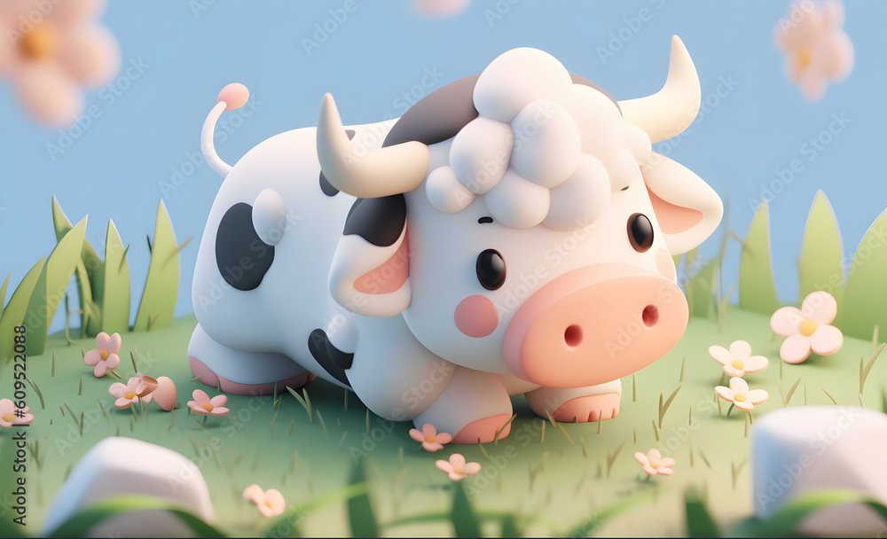 Green cow farm island with animals, cows and trees 3D rendering Green cow farm island with animals, cows and trees 3D rendering