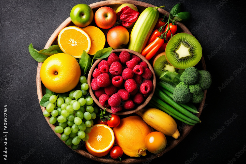 A plate of colorful, fresh fruits and vegetables, AI Generation A plate of colorful, fresh fruits and vegetables, AI Generation