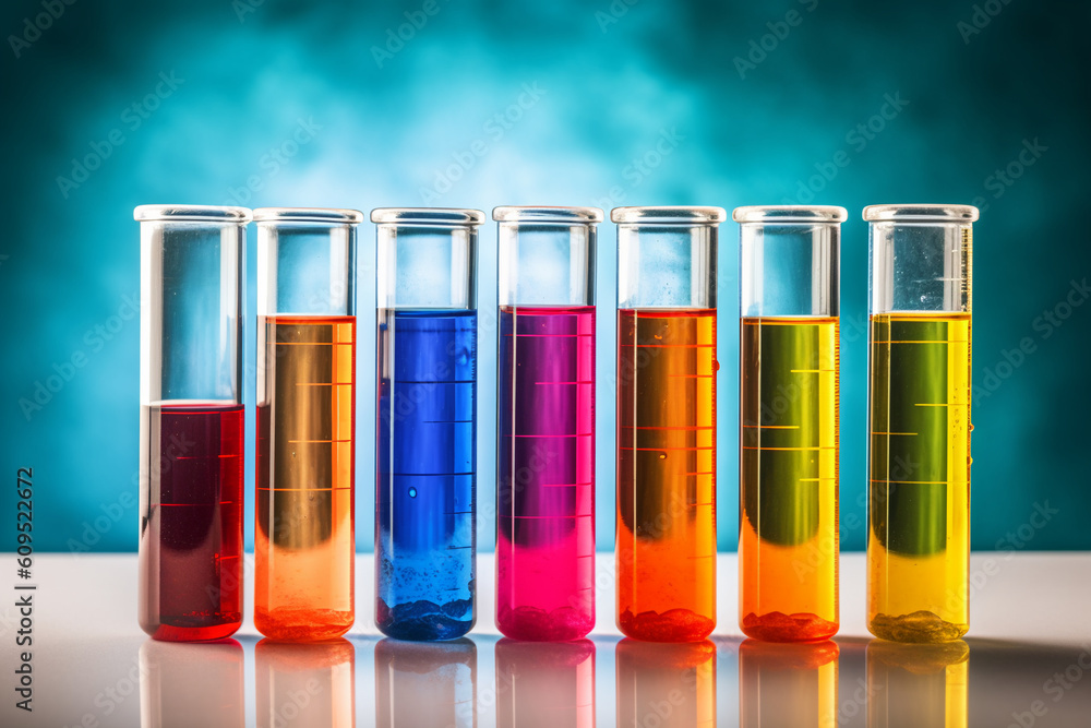 A row of test tubes filled with brightly colored chemicals, AI Generation A row of test tubes filled with brightly colored chemicals, AI Generation