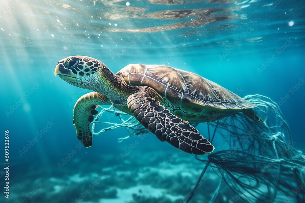 A sea turtle entangled in a discarded fishing net, AI Generation