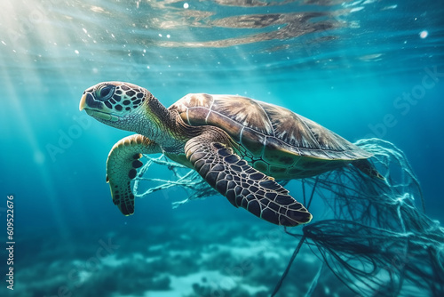 A sea turtle entangled in a discarded fishing net, AI Generation © Vasilina FC