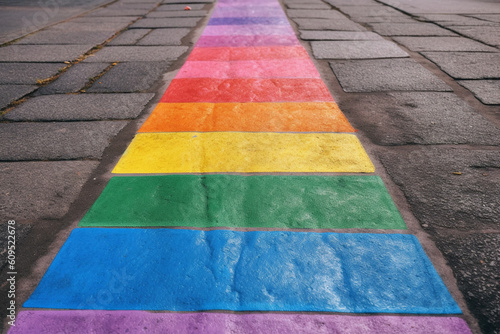 A sidewalk chalk drawing of the Progress Pride flag, AI Generation