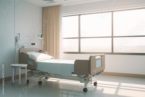 An empty hospital bed in a well-lit room, AI Generation