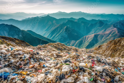 Mountains of plastic waste stretching as far as the eye can see, AI Generation photo