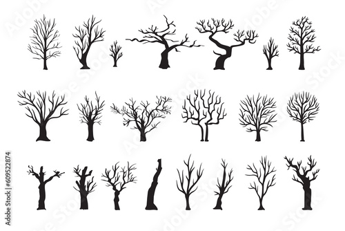 Dead tree silhouettes. dying black scary trees forest illustration. natural dying old tree of set