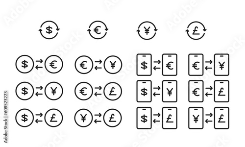 通貨交換、通貨換算を表したイラストのセット/ドル/ユーロ/円/ポンド/ベクター/アイコン