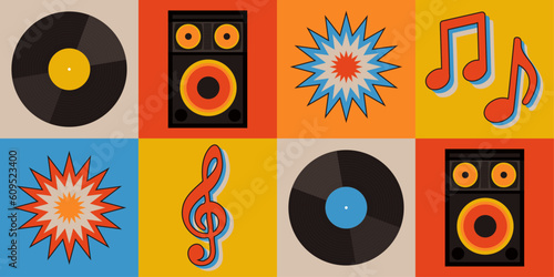 Retro music seamless vector pattern. Vibrant bold flat graphic style design with musical elements. Vinyl records, speakers and music note illustrations. Repeat background wallpaper. photo
