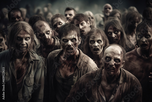 Zombie horde. Zombie apocalypse scene. Generative AI